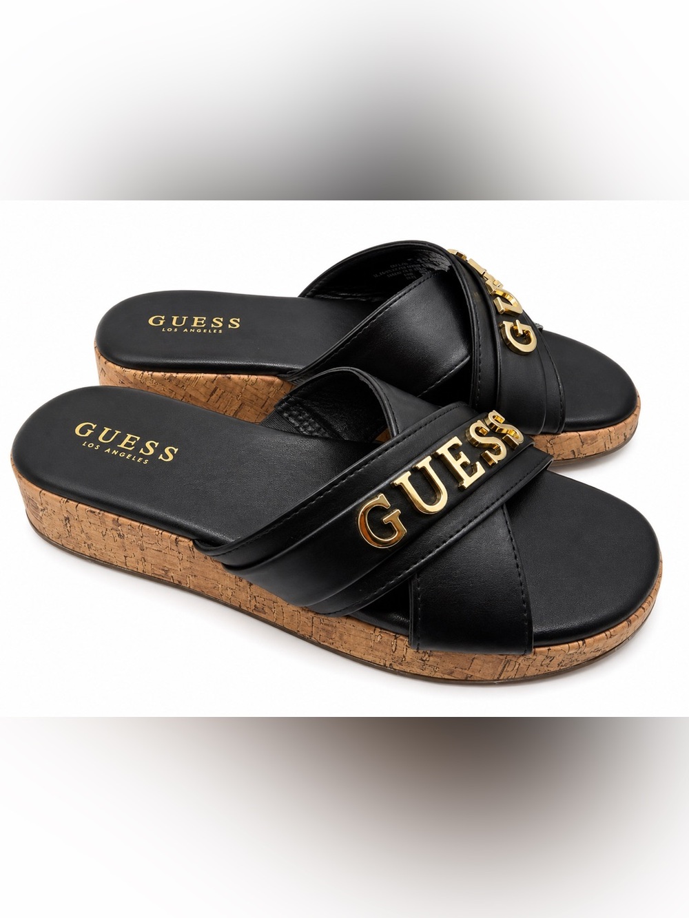 GUESS Black Cork Wedge Slide Sandals with Gold Logo Plaque
